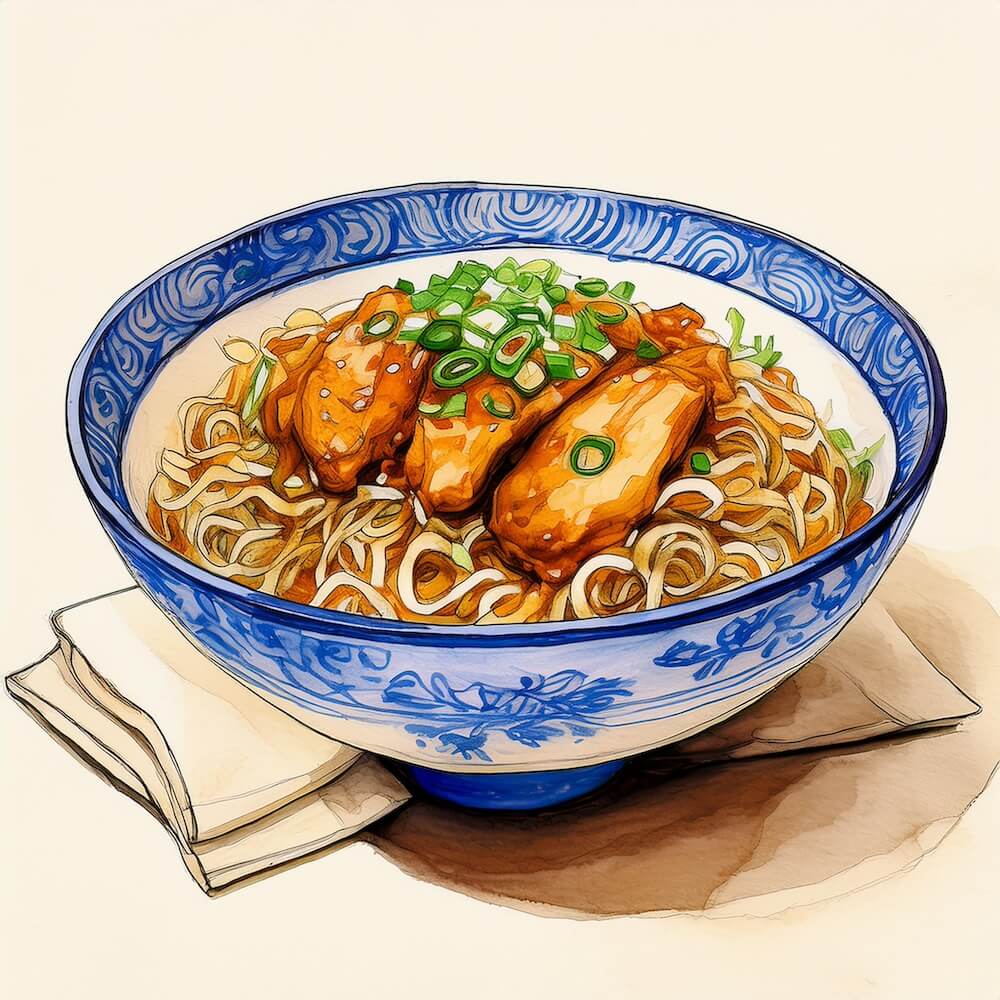 Watercolour sketch of a bowl of chicken satay noodles with fresh asian greens and peanut sauce