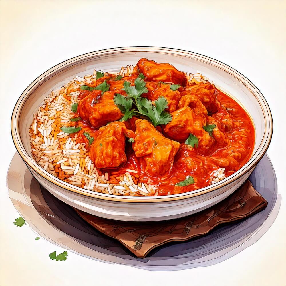 Watercolour sketch of a bowl of chicken tikka masala with pilau rice