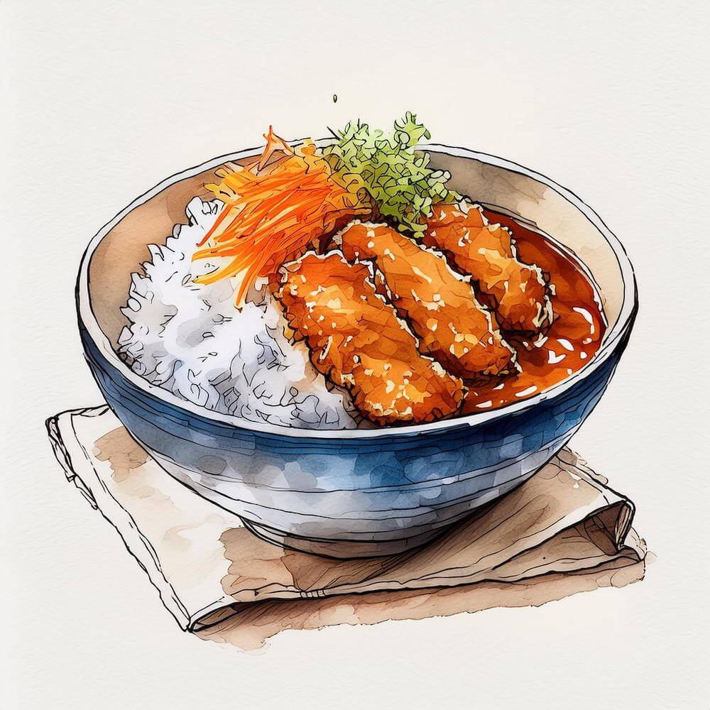 Watercolour sketch of a bowl containing breaded chicken katsu curry, white rice and a shredded carrot salad
