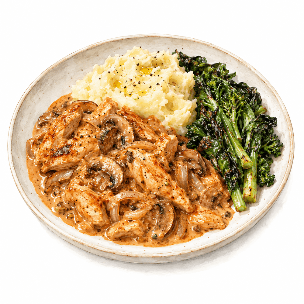 Chicken stroganoff with garlic mash and charred greens (gf)