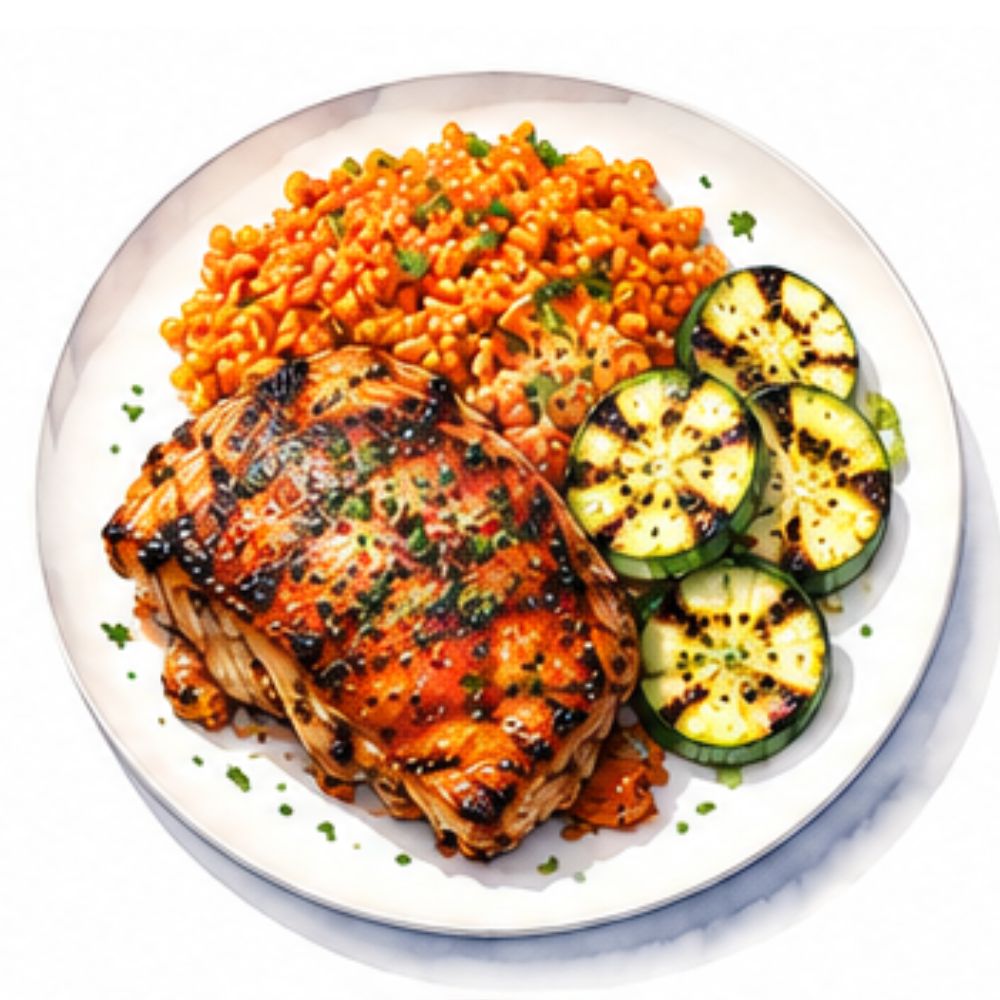 BBQ chicken thigh with paprika rice and grilled courgette (gf)