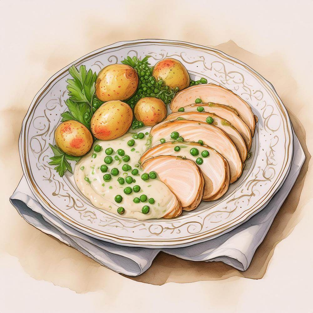 Watercolour sketch of a white ornate plate containing roast chicken breast with creamy mushroom sauce, parsley peas and crushed new potatoes