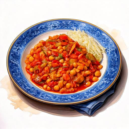 Watercolour sketch of a plate of Spanish chickpea and mixed pepper casserole with charred cabbage