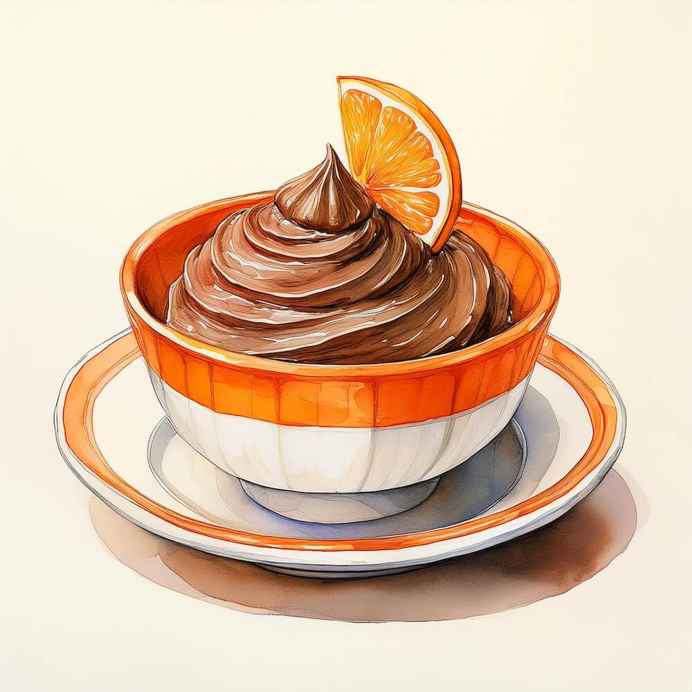 Watercolour sketch of a bowl of chocolate and orange mousse with a half slice of orange on top