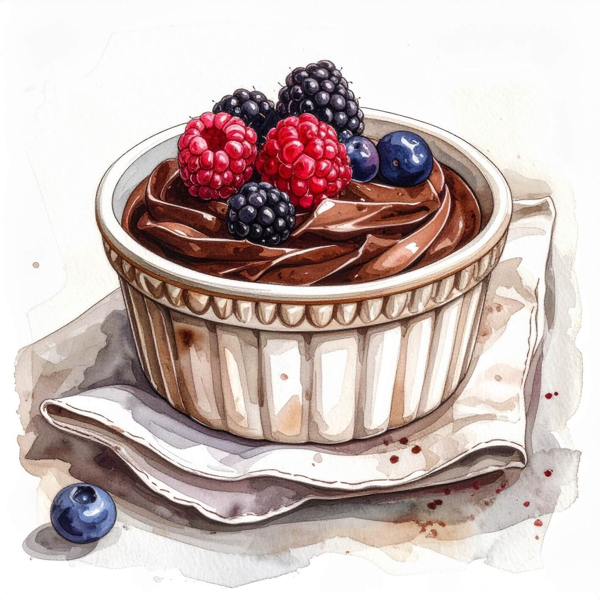 Watercolour sketch of a chocolate pudding pot with salted caramel and berries