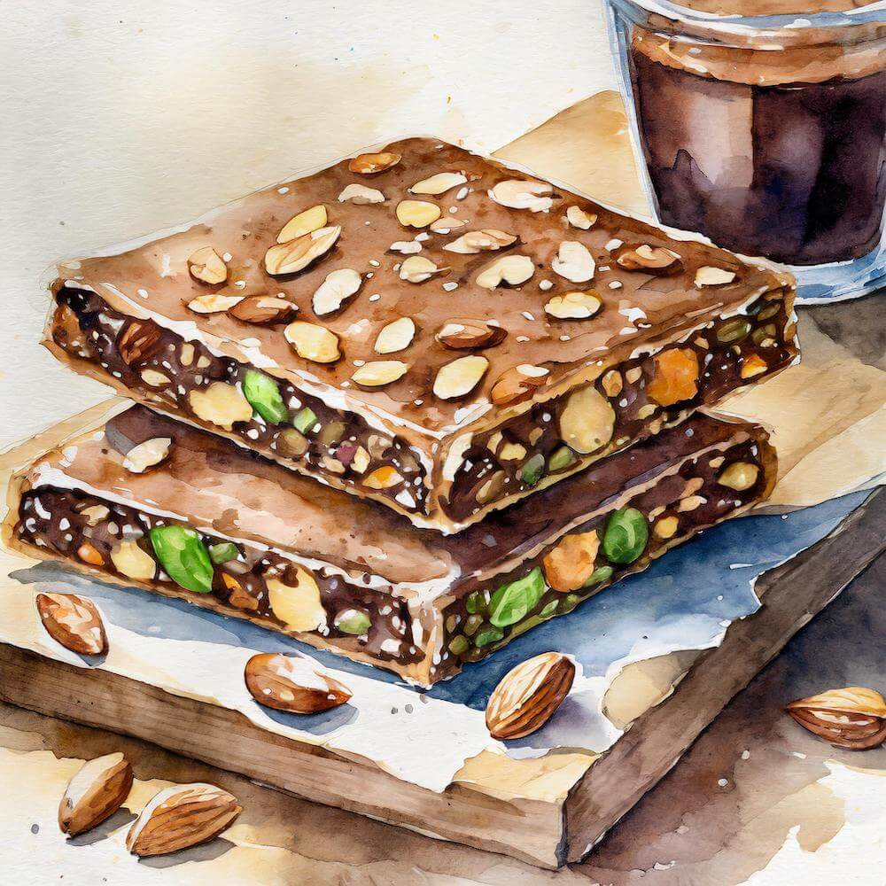Watercolour image of two pieces of chocolate tiffin with mixed seeds and nuts on top of a wooden board with a cup of coffee in the background
