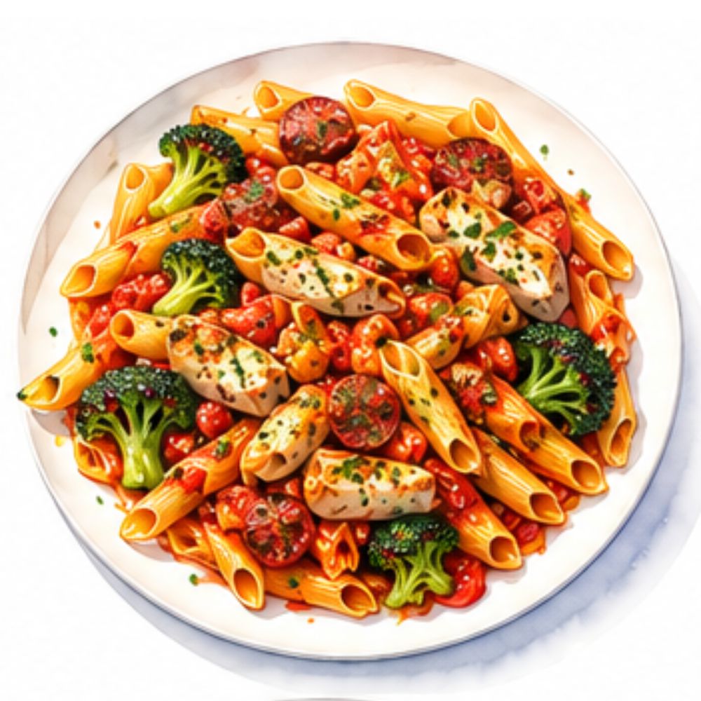 Spanish chicken and chorizo tomato penne with charred broccoli