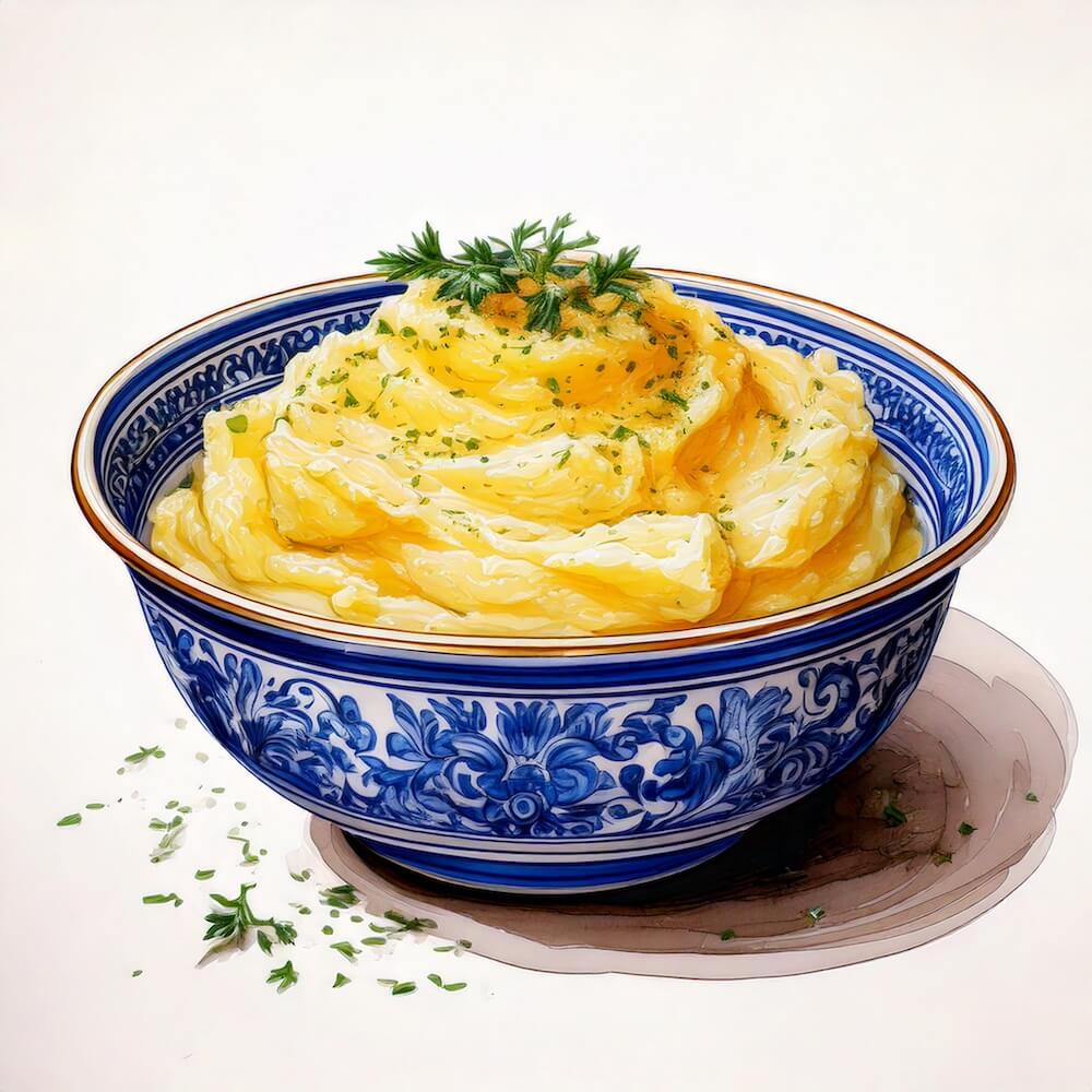 Watercolour sketch of a bowl of confit garlic mashed potato