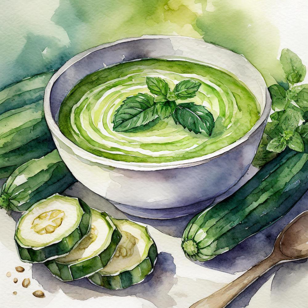 Watercolour sketch of a white bowl with courgettes and mint leaves around it. The bowl contains courgette and mint soup with mint leaves on top