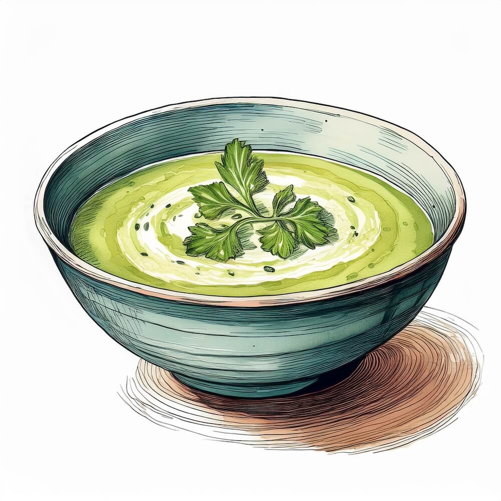 Watercolour sketch of a bowl of cream of courgette soup