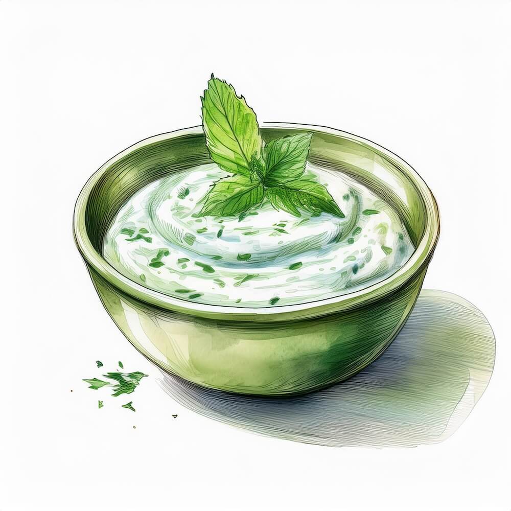Watercolour sketch of a bowl of classic cucumber and mint tzatziki with a sprig of mint leaves on top