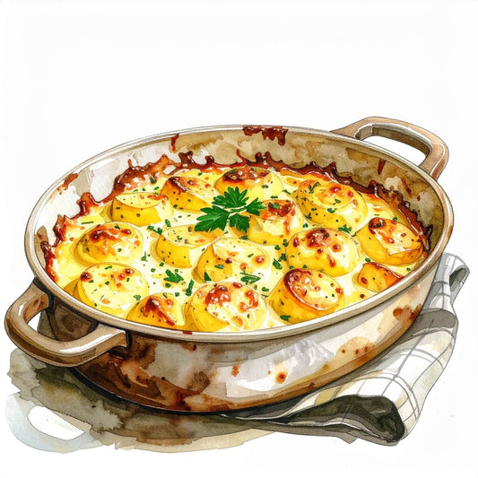 Watercolour sketch of a dish of dauphinoise potatoes