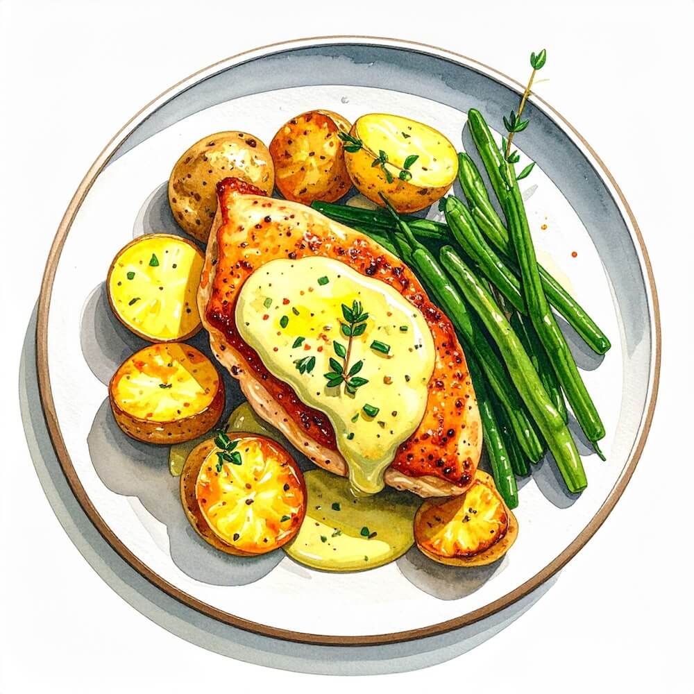 Dijon chicken breast with creamy leek sauce, crushed new potatoes and buttered green beans (gf)