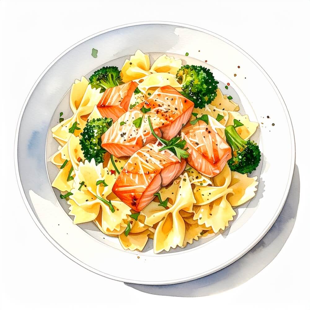 Saffron salmon with charred broccoli and farfalle