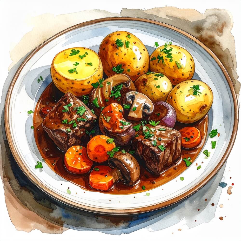 Beef bourguignon with new potatoes (gf)