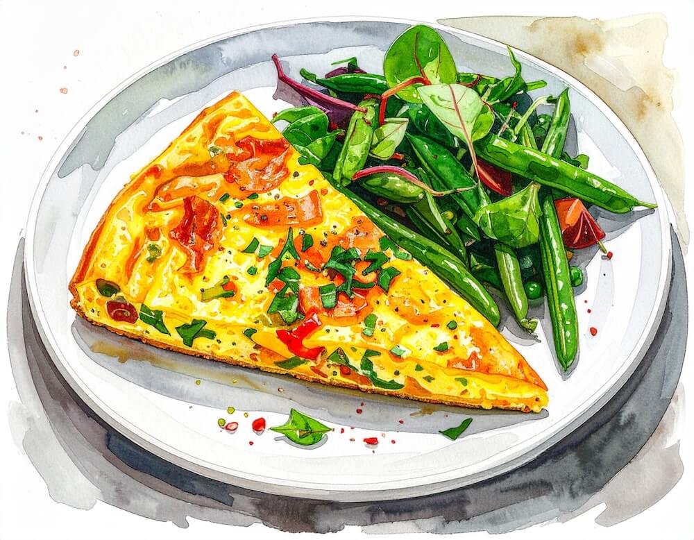 Broccoli and cheddar frittata with runner bean salad and mixed leaves (v) (gf)