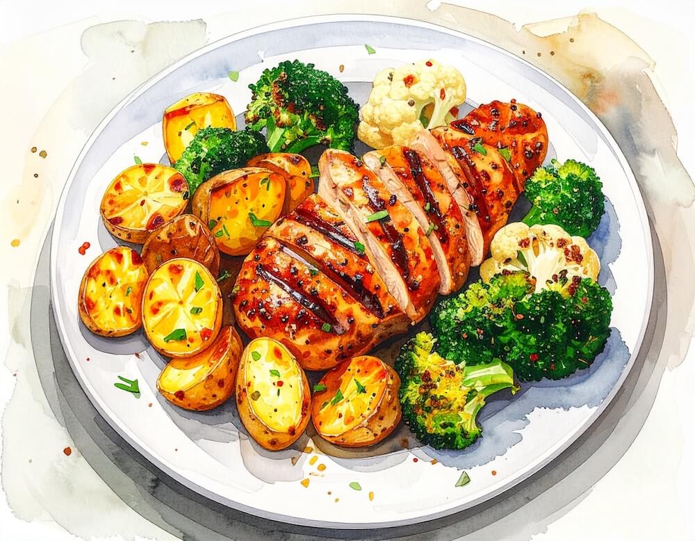 Chargrilled chicken breast with homestyle potatos and mixed roast vegetables (gf)