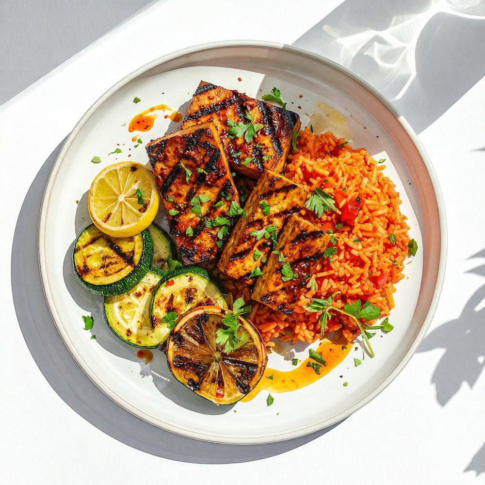 Piri piri tofu with tomato rice, grilled courgette and charred lemon (gf) (v)