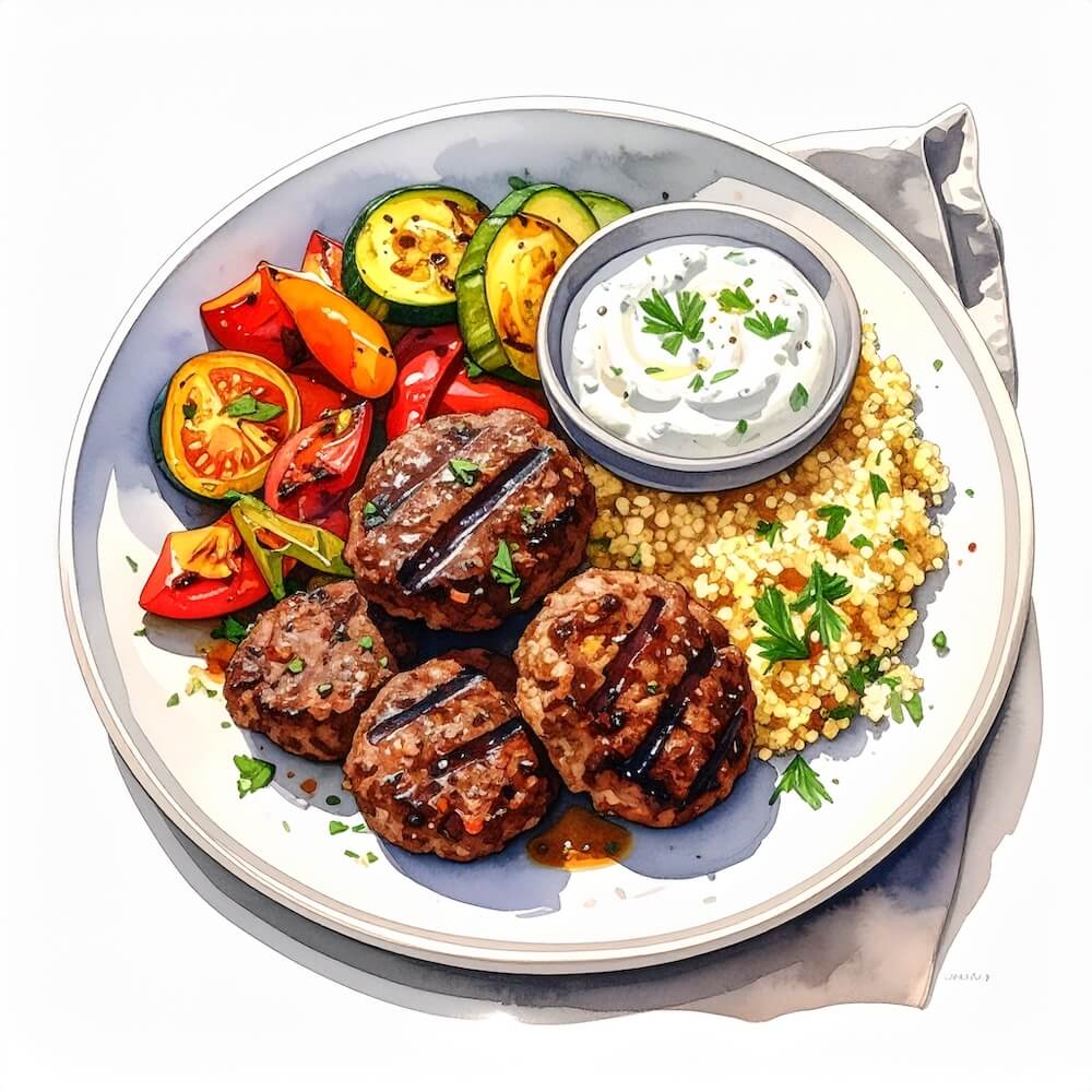 Greek beef kofta with roast vegetables, herbed couscous and tzatziki