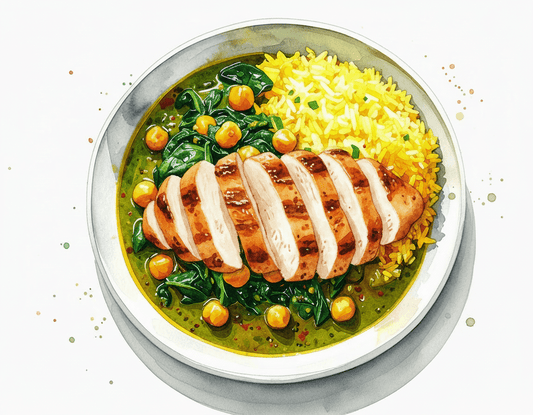 Chargrilled chicken with chickpea and spinach curry and aromatic lemon rice (gf)