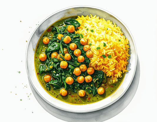 Chickpea and spinach curry with aromatic lemon rice (v) (gf)