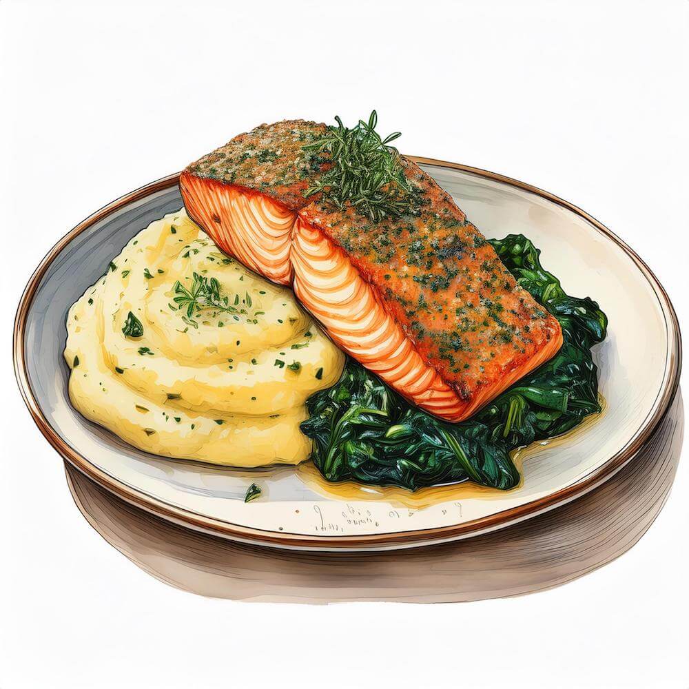 Herb crusted salmon fillet with creamed spinach and garlic mashed potatoes