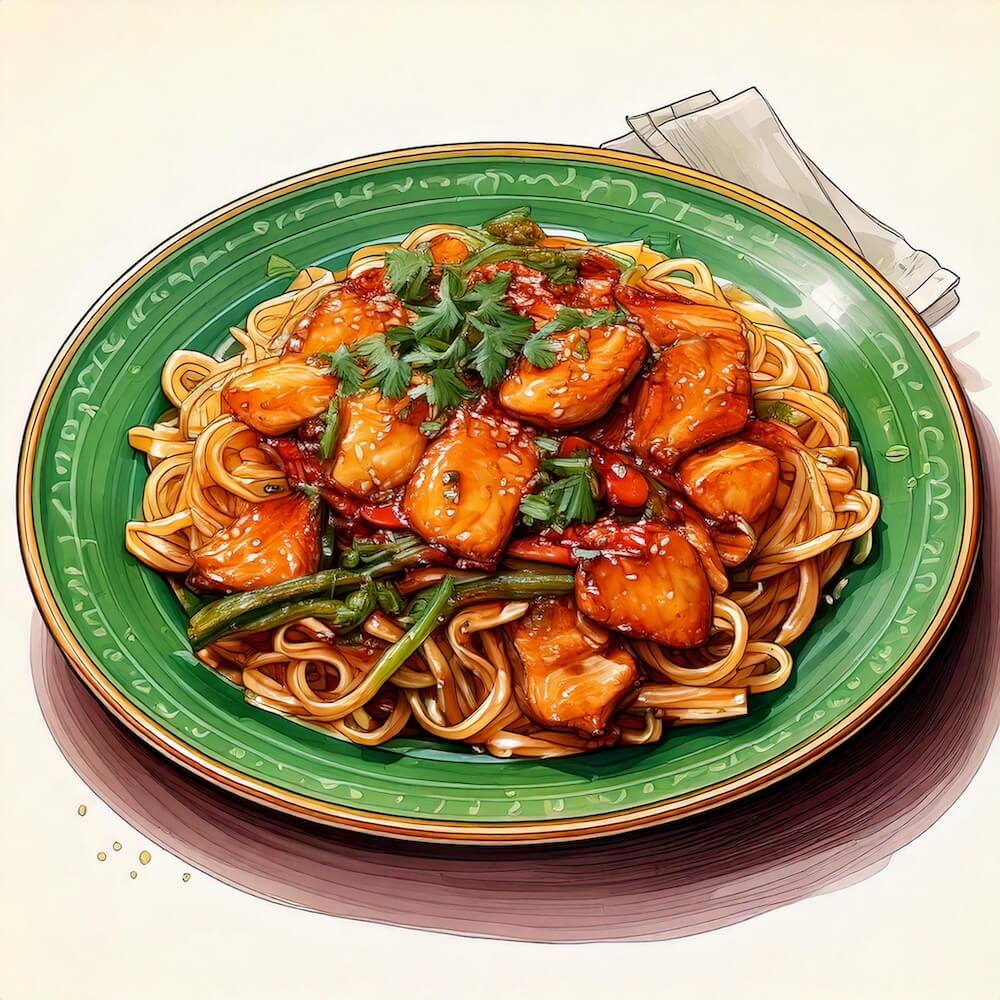 Watercolour sketch of a plate of garlic chicken with soy sautéed vegetables, spring onion fried noodles and coriander