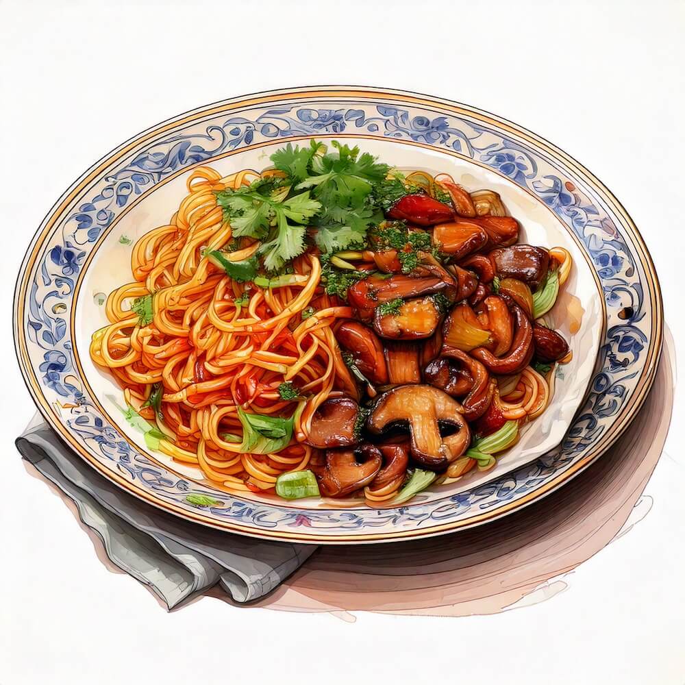 Watercolour sketch of a plate of garlic mixed mushrooms with soy sautéed vegetables, spring onion fried noodles and coriander