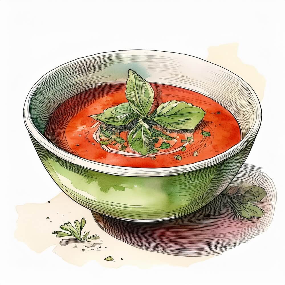 Watercolour sketch of a green bowl of gazpacho with herbs on top