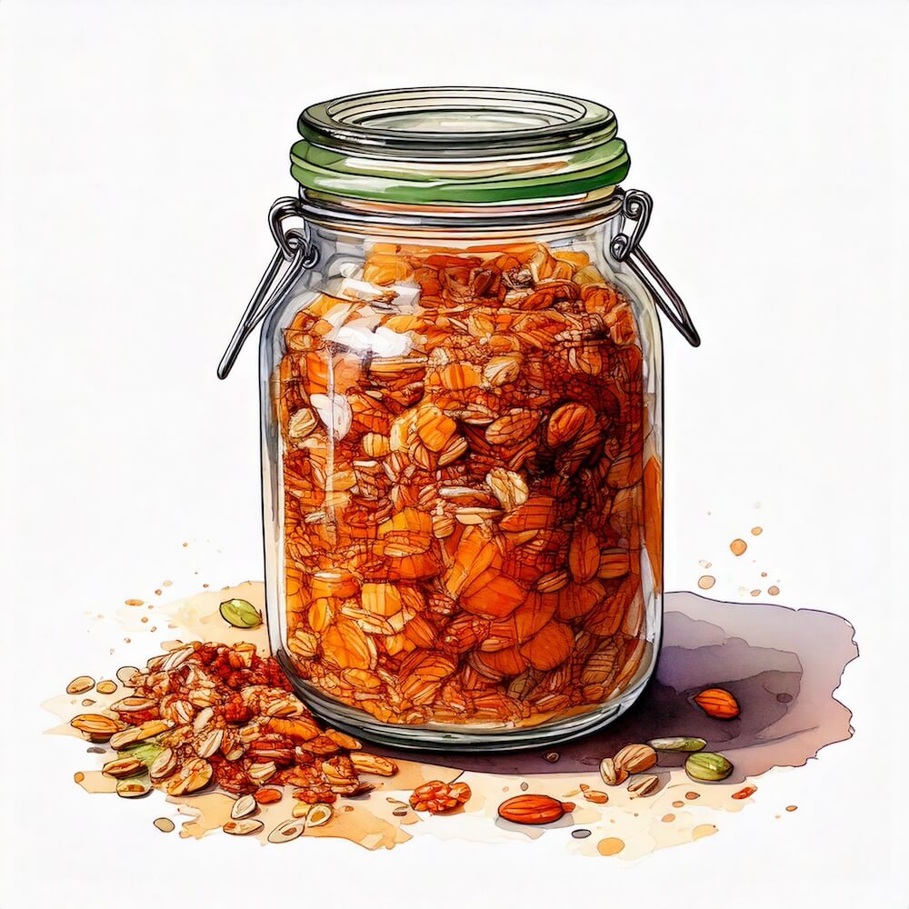 Watercolour sketch of a jar of homemade granola