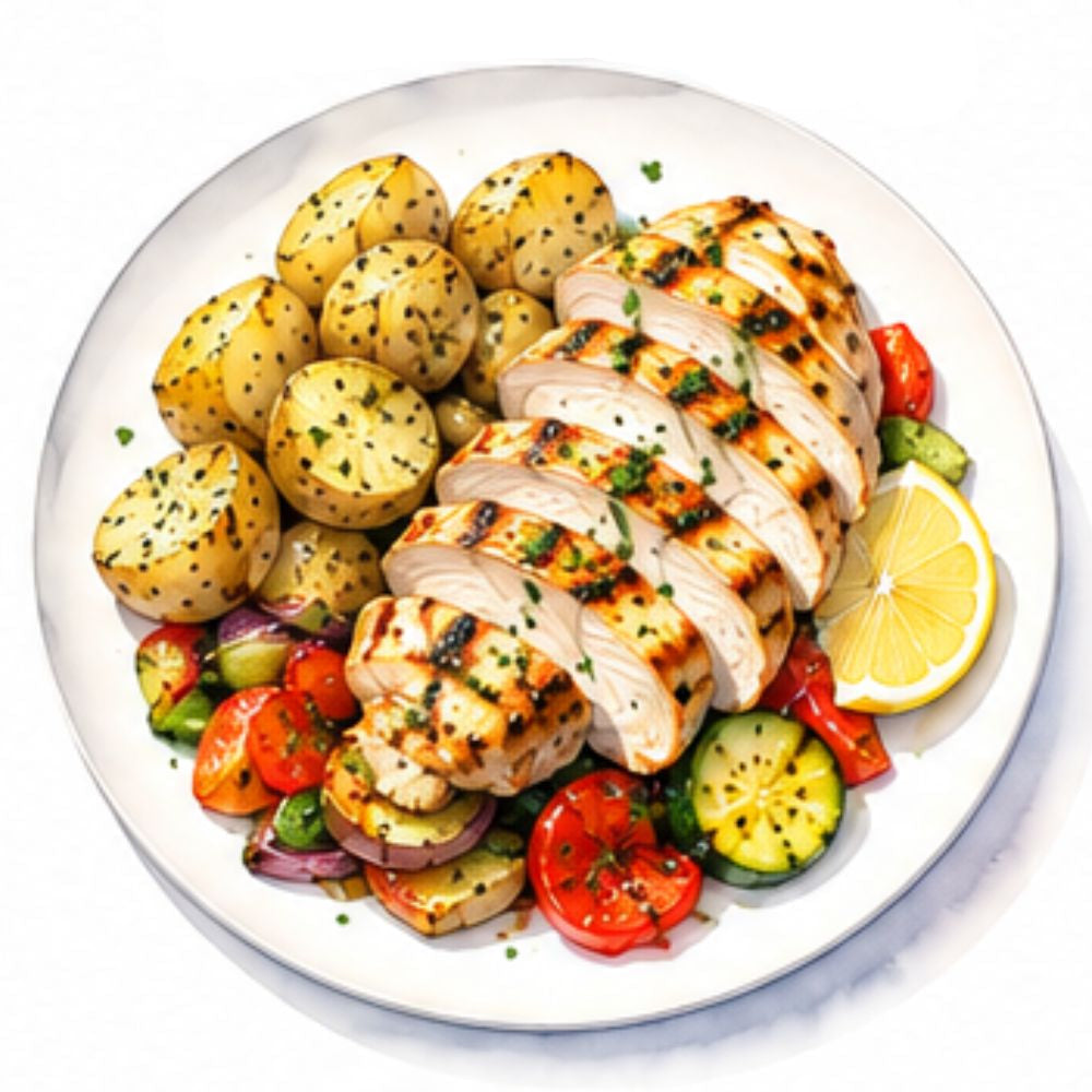 Greek grilled chicken breast with oregano potatoes and seasonal veg (gf)