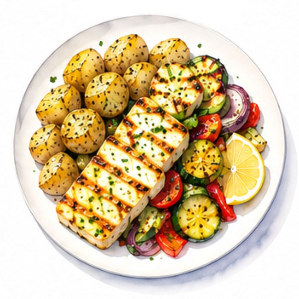 Greek grilled halloumi with oregano potatoes and seasonal veg (v) (gf)