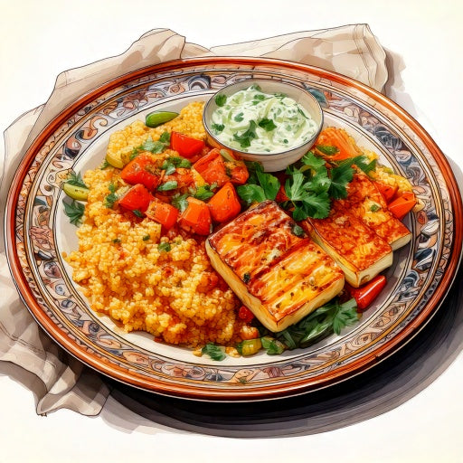 Watercolour sketch of a plate of grilled halloumi with roast vegetable couscous and tzatziki