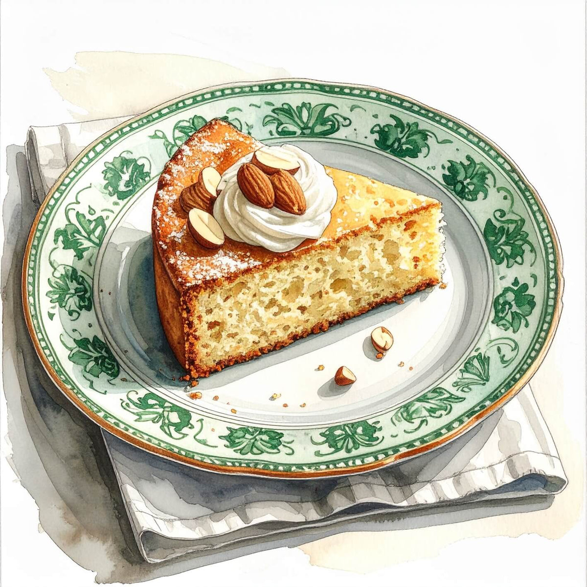 Watercolour sketch of a plate of honey cake with flaked almonds and mascarpone cream