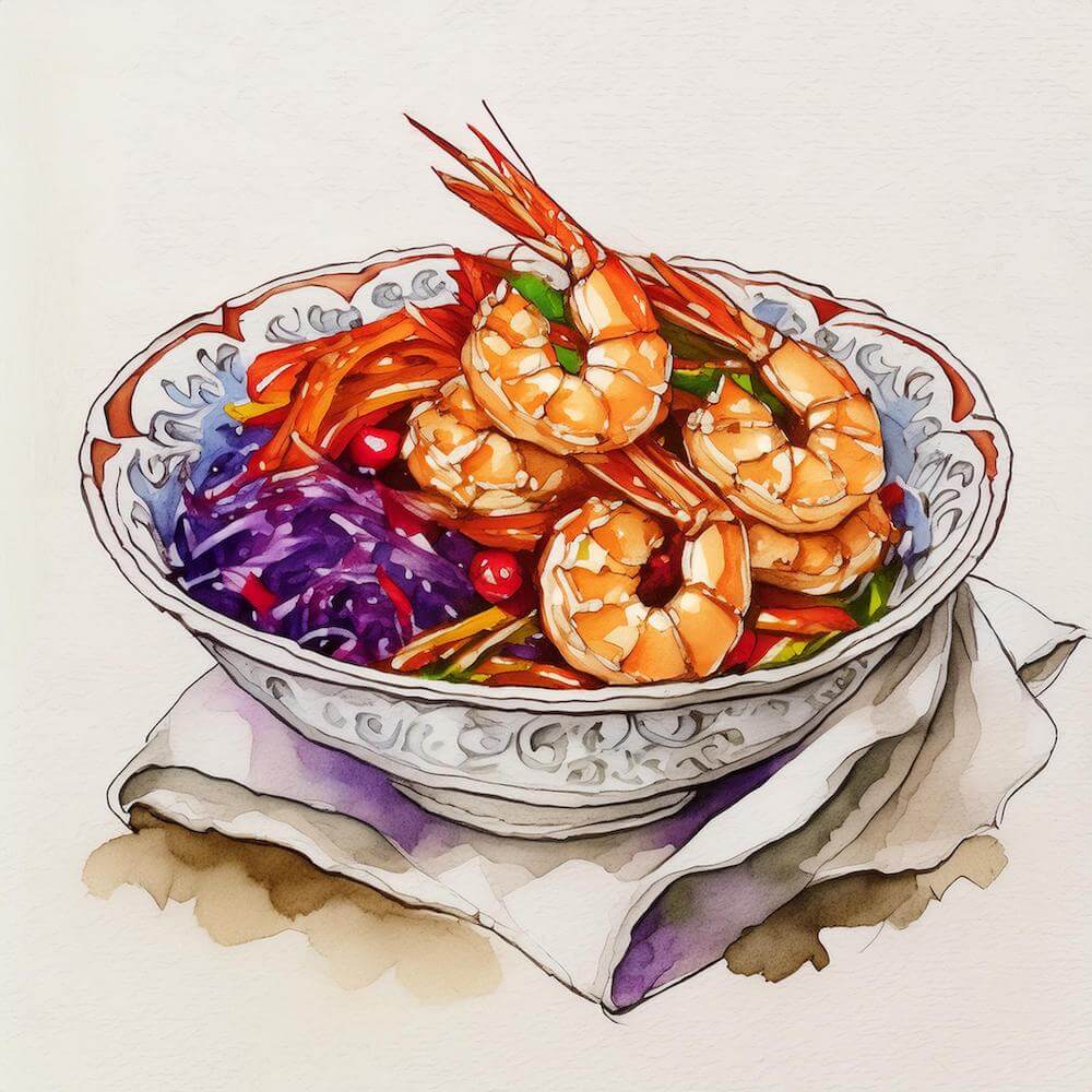 Watercolour sketch of a white ornate bowl with a napkin folded roughly underneath. The bowl contains honey sriracha glazed prawns with red cabbage and pepper stir fry and sesame rice