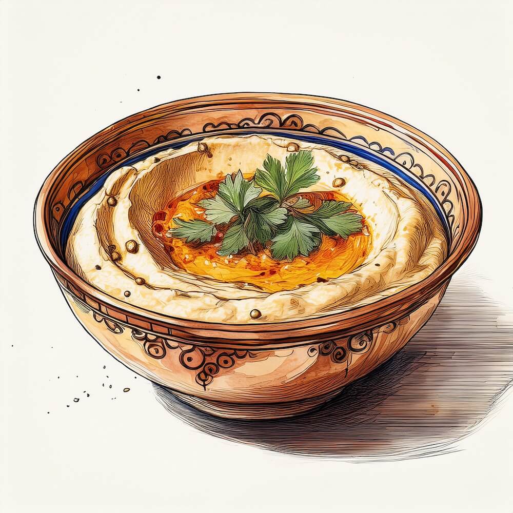 Watercolour sketch of a bowl of hummus with olive oil and herbs on top