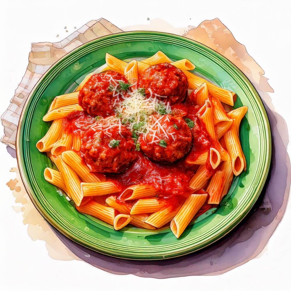 Italian beef meatballs with marinara sauce, penne pasta and parmesan