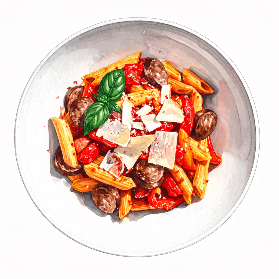 Italian sausage and roasted pepper penne topped with parmesan