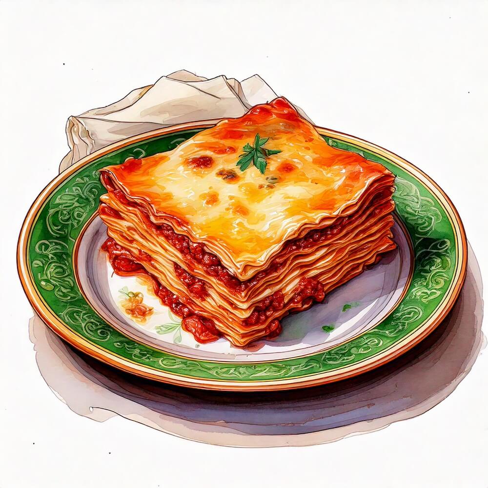 Watercolour sketch of a plate with a slice of classic beef lasagne