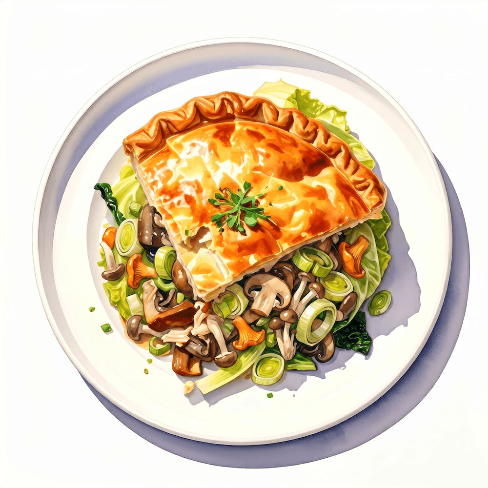 Leek and mushroom pie with sautéed savoy cabbage (v)