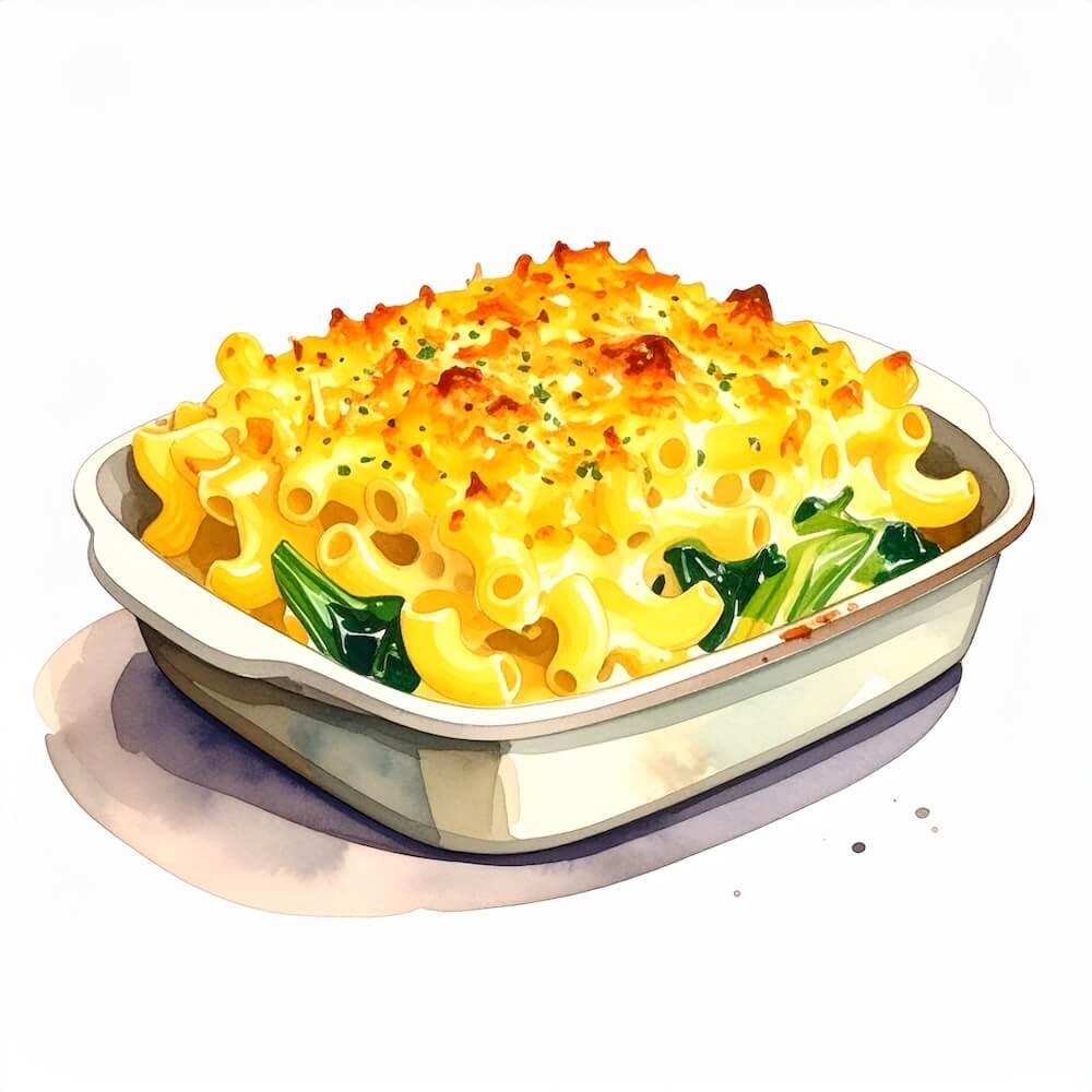 Leek and spinach macaroni cheese with cheddar, parmesan and Emmental (v)