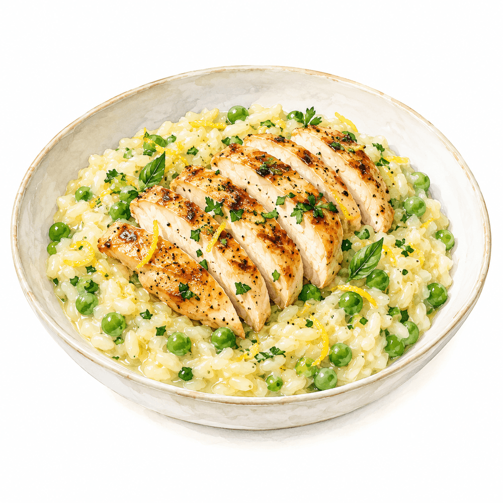 Lemon and pea risotto with grilled chicken (gf)