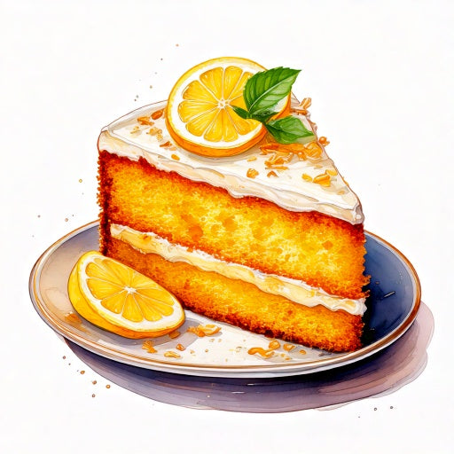 Watercolour sketch of a slice of lemon drizzle cake