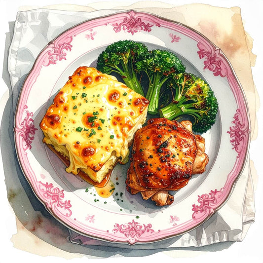 Watercolour sketch of a plate of lemon roast chicken thigh with dauphinoise potatoes and charred broccoli florets