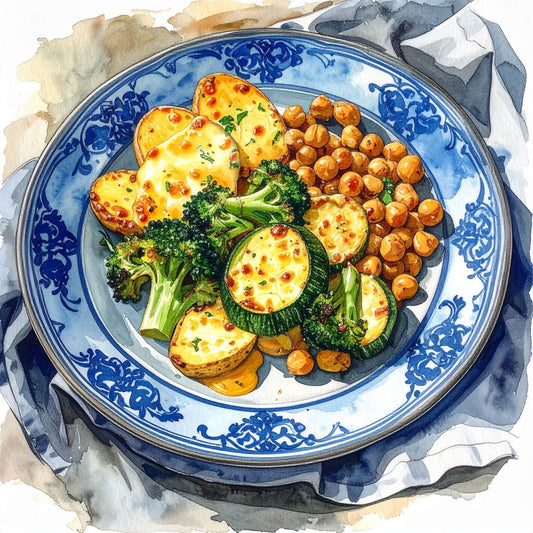 Watercolour sketch of a plate of lemon roast courgette and chickpeas with dauphinoise potatoes and charred broccoli florets