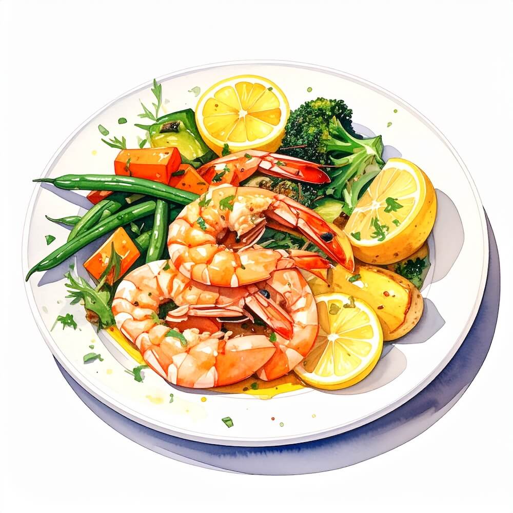 Lemon and garlic prawns, summer vegetables and roast new potatoes (gf)