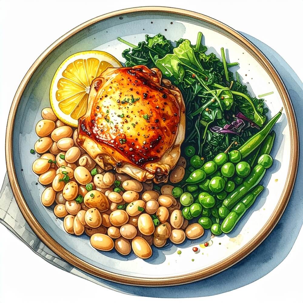 Lemon grilled chicken thigh with cannellini beans, peas and wilted greens (gf)