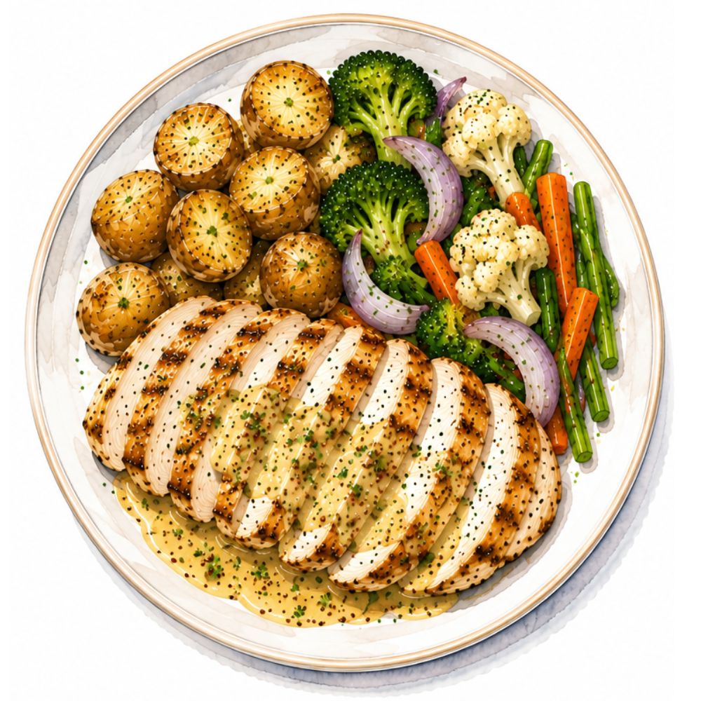Grilled chicken breast with homestyle potatoes, steamed vegetables and a lemon mustard sauce (gf)