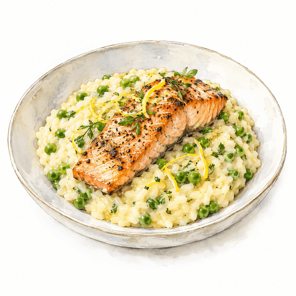 Lemon and pea risotto with grilled salmon (gf)