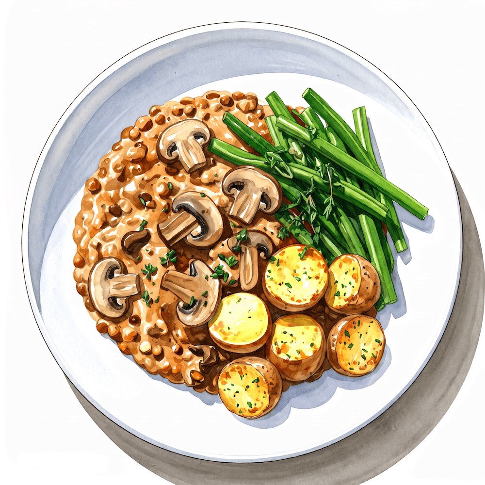 Creamy mushroom and lentil casserole with crushed new potatoes and buttered green beans (v) (gf)